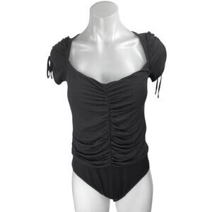 Privacy Please Black Short Sleeve Ruched T Shirt Blouse Bodysuit Top Size L